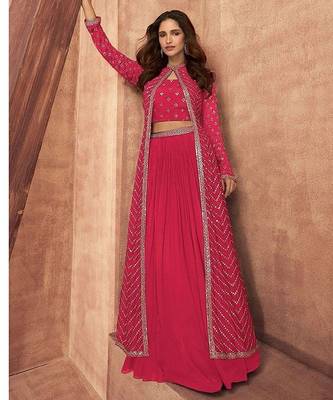 hot pink embroidered chinon stitched crop top jacket with skirt 1
