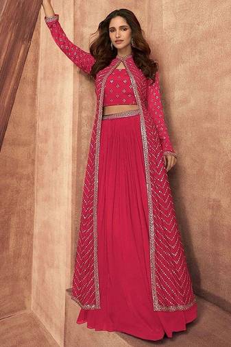 hot pink embroidered chinon stitched crop top jacket with skirt