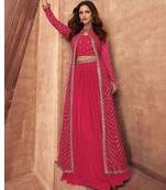 hot pink embroidered chinon stitched crop top jacket with skirt