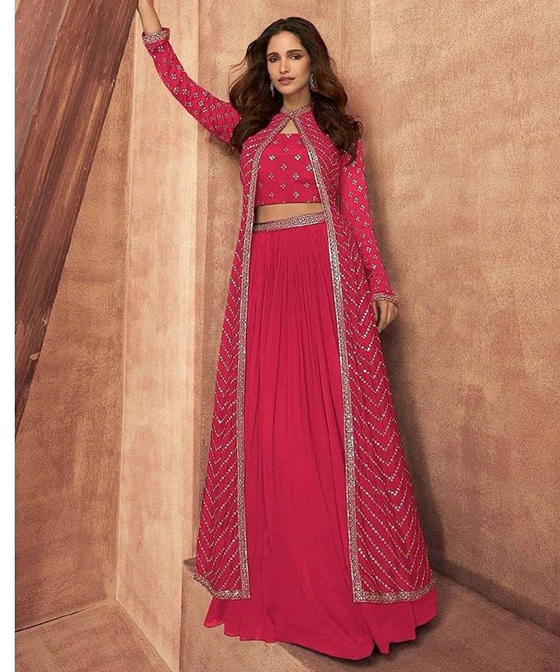 hot pink embroidered chinon stitched crop top jacket with skirt