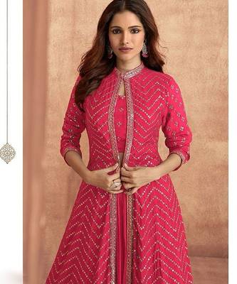 hot pink embroidered chinon stitched crop top jacket with skirt 2