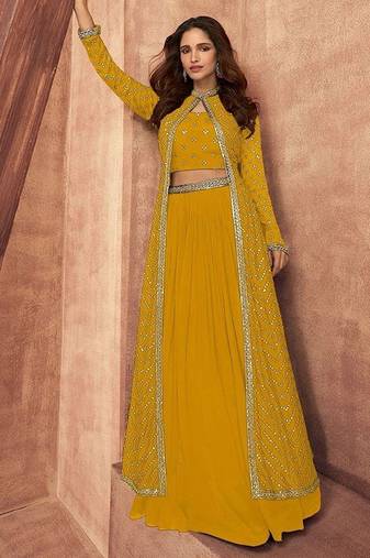 yellow embroidered chinon stitched crop top jacket with skirt