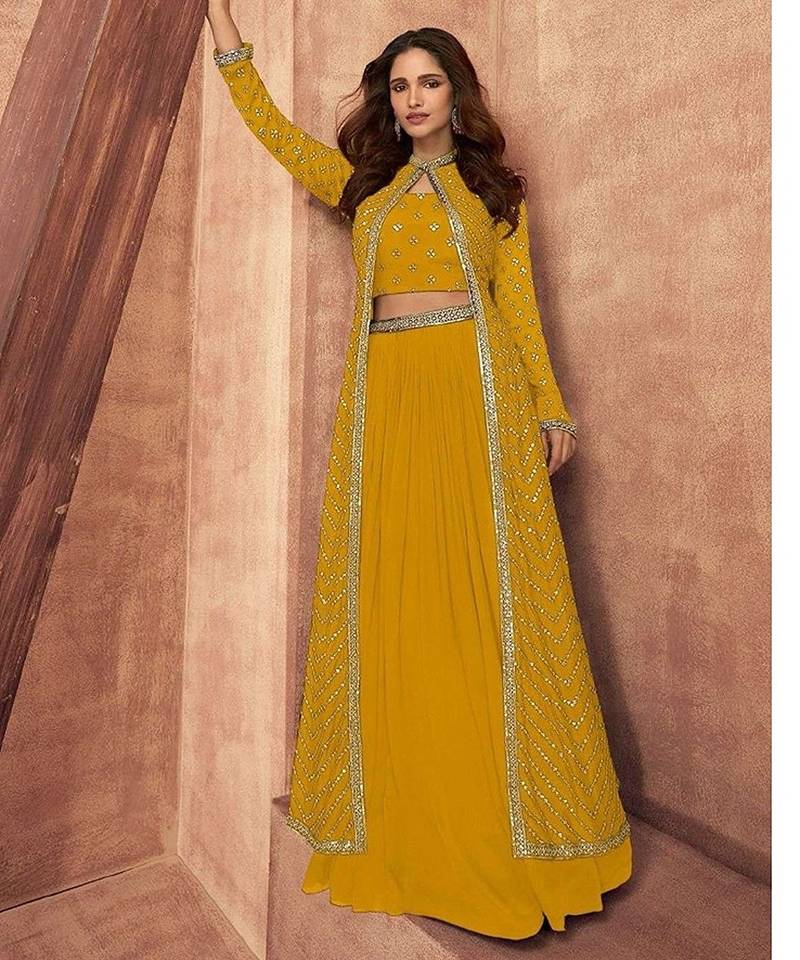 yellow embroidered chinon stitched crop top jacket with skirt