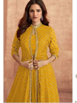 yellow embroidered chinon stitched crop top jacket with skirt 2