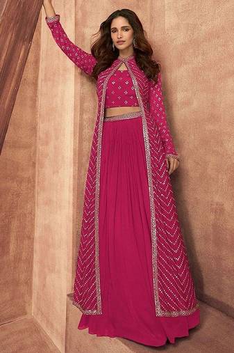 rani pink embroidered chinon stitched crop top jacket with skirt