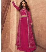 rani pink embroidered chinon stitched crop top jacket with skirt