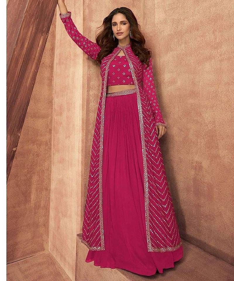 rani pink embroidered chinon stitched crop top jacket with skirt