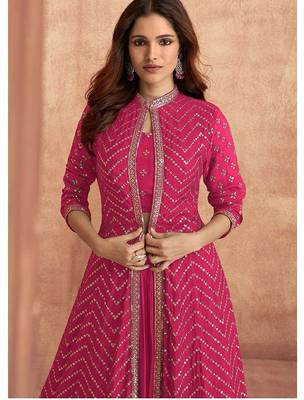 rani pink embroidered chinon stitched crop top jacket with skirt 2