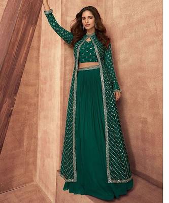 green embroidered chinon stitched crop top jacket with skirt 1