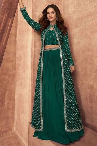 green embroidered chinon stitched crop top jacket with skirt