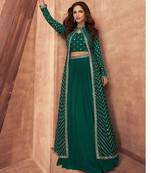 green embroidered chinon stitched crop top jacket with skirt