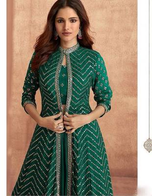 green embroidered chinon stitched crop top jacket with skirt 2