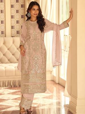 dusty rose embroidered georgette free size stitched kurta set 1