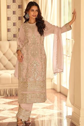 dusty rose embroidered georgette free size stitched kurta set