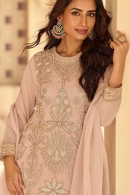dusty rose embroidered georgette free size stitched kurta set 2