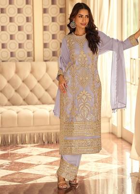 lavender embroidered georgette free size stitched kurta set 1