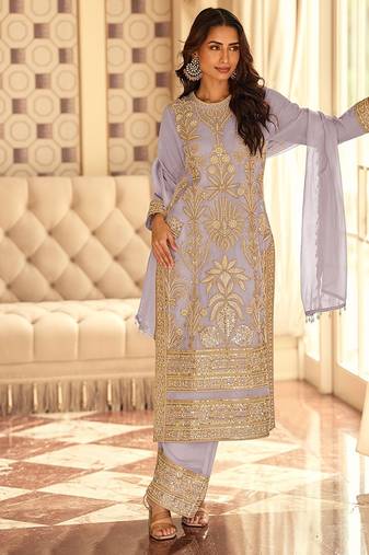 lavender embroidered georgette free size stitched kurta set