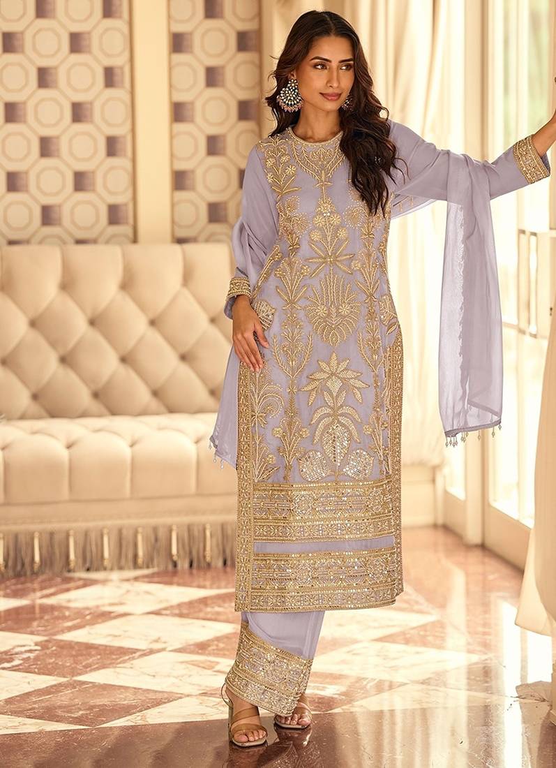 lavender embroidered georgette free size stitched kurta set