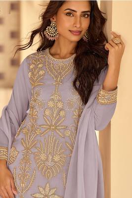 lavender embroidered georgette free size stitched kurta set 2