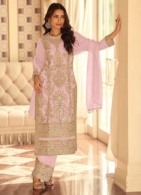 lilac embroidered georgette free size stitched kurta set 1