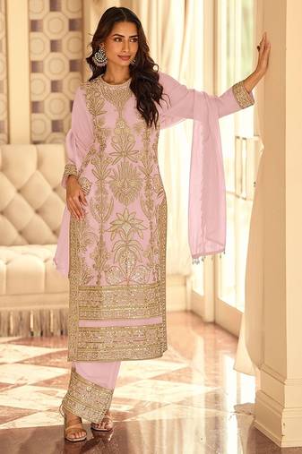 lilac embroidered georgette free size stitched kurta set