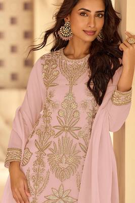 lilac embroidered georgette free size stitched kurta set 2