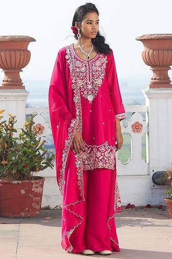 rani pink embroidered chinnon free size stitched kurta set