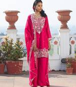 rani pink embroidered chinnon free size stitched kurta set