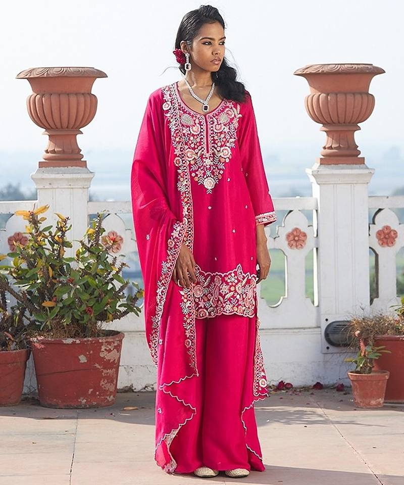 rani pink embroidered chinnon free size stitched kurta set