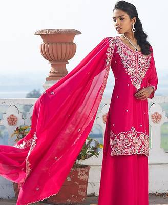 rani pink embroidered chinnon free size stitched kurta set 2