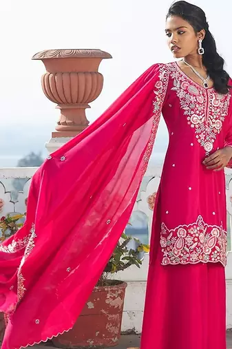 rani pink embroidered chinnon free size stitched kurta set