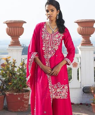 rani pink embroidered chinnon free size stitched kurta set 3