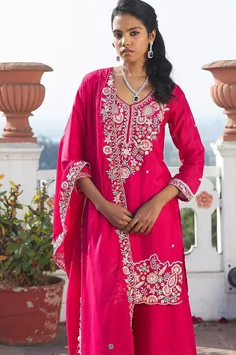 rani pink embroidered chinnon free size stitched kurta set