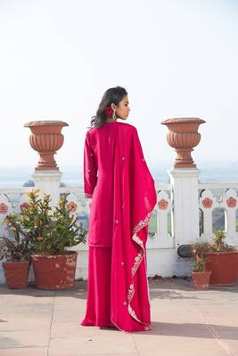 rani pink embroidered chinnon free size stitched kurta set 4