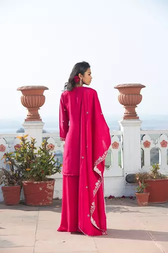 rani pink embroidered chinnon free size stitched kurta set