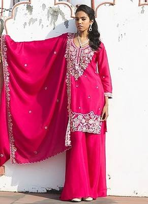 rani pink embroidered chinnon free size stitched kurta set 5