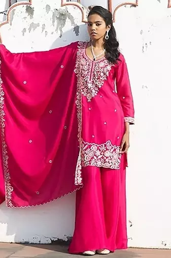 rani pink embroidered chinnon free size stitched kurta set
