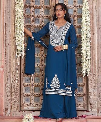 teal embroidered chinnon free size stitched kurta set 1