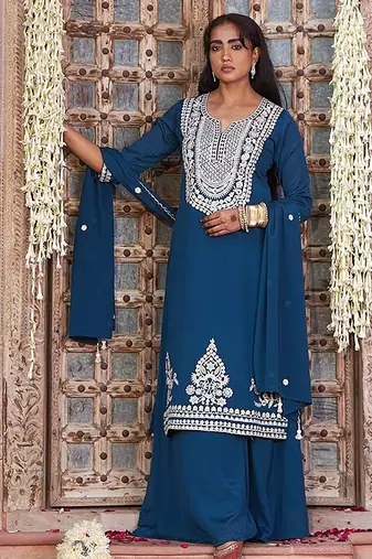 teal embroidered chinnon free size stitched kurta set