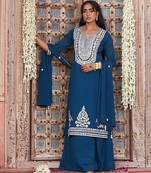 teal embroidered chinnon free size stitched kurta set