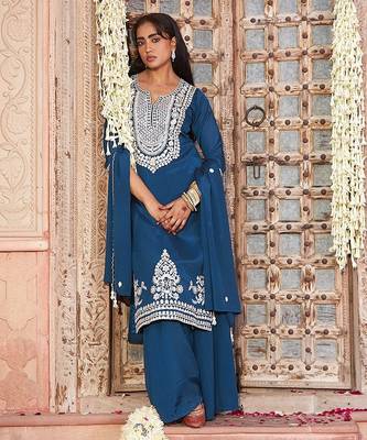teal embroidered chinnon free size stitched kurta set 2