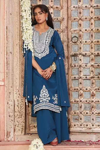 teal embroidered chinnon free size stitched kurta set