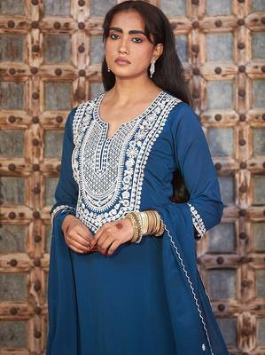 teal embroidered chinnon free size stitched kurta set 3
