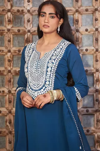 teal embroidered chinnon free size stitched kurta set