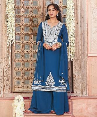 teal embroidered chinnon free size stitched kurta set 4