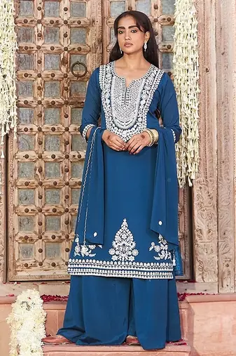 teal embroidered chinnon free size stitched kurta set