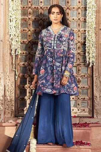 blue embroidered chinnon free size stitched kurta set
