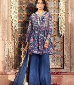 blue embroidered chinnon free size stitched kurta set