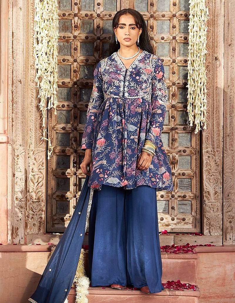 blue embroidered chinnon free size stitched kurta set