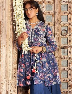 blue embroidered chinnon free size stitched kurta set 2